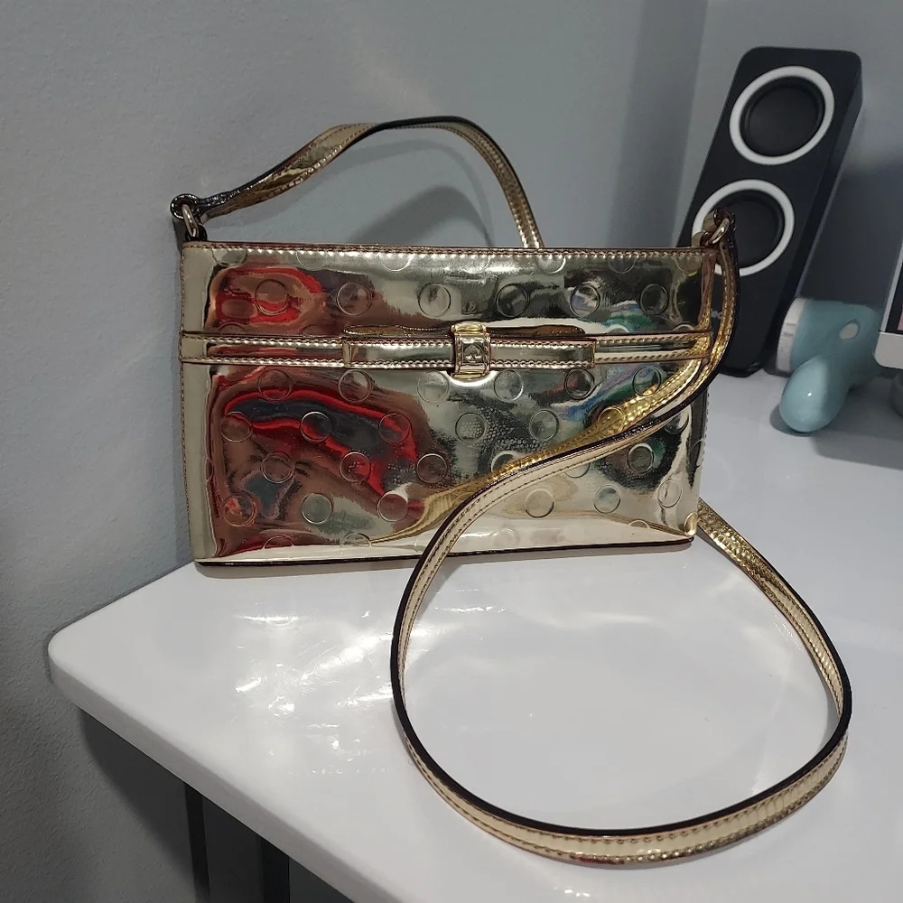 Kate Spade New York Bow Accent Metallic Gold Polka Dot Design Crossbody